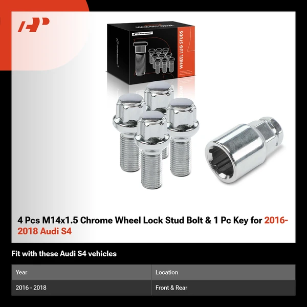 4 Pcs M14x1.5 Chrome Wheel Lock Stud Bolt & 1 Pc Key for 2016-2018 Audi S4