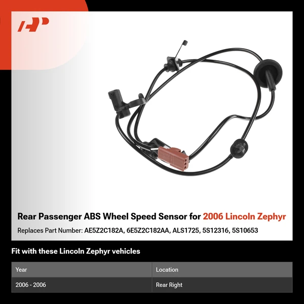 Rear Passenger ABS Wheel Speed Sensor for 2006 Lincoln Zephyr