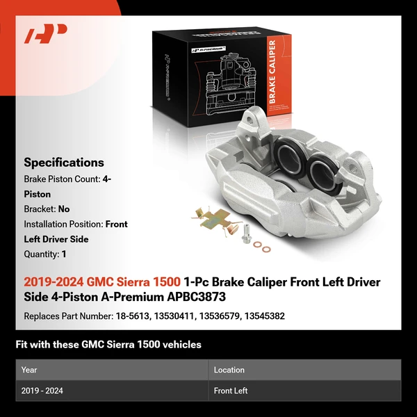 2019-2024 GMC Sierra 1500 1-Pc Brake Caliper Front Left Driver Side 4-Piston A-Premium APBC3873