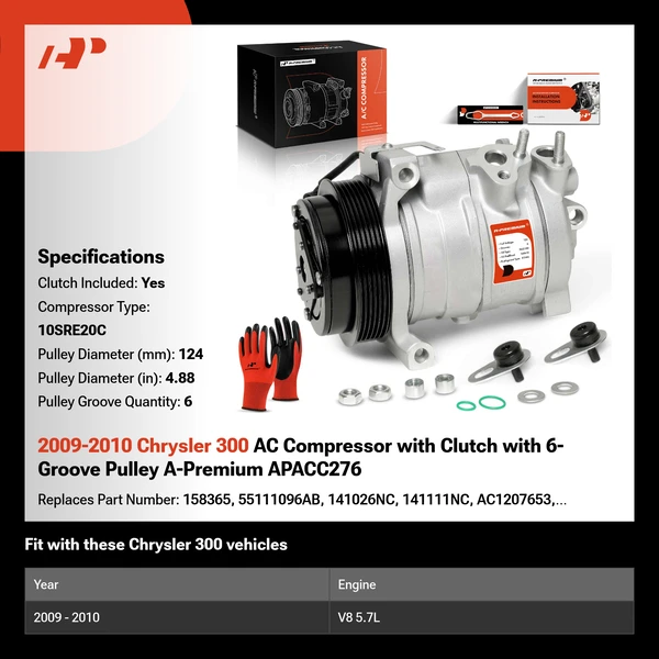 2009-2010 Chrysler 300 AC Compressor with Clutch with 6-Groove Pulley A-Premium APACC276