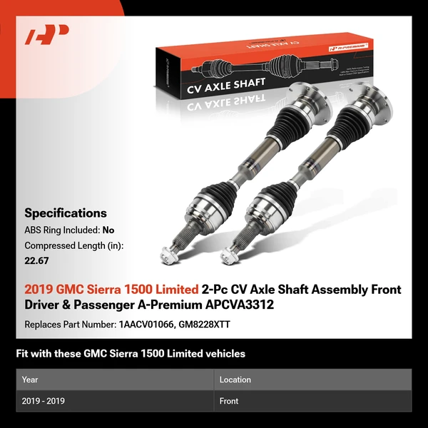 2019 GMC Sierra 1500 Limited 2-Pc CV Axle Shaft Assembly Front Driver & Passenger A-Premium APCVA3312