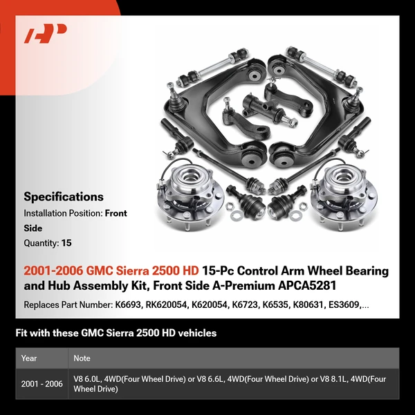 2001-2006 GMC Sierra 2500 HD 15-Pc Control Arm Wheel Bearing and Hub Assembly Kit, Front Side A-Premium APCA5281