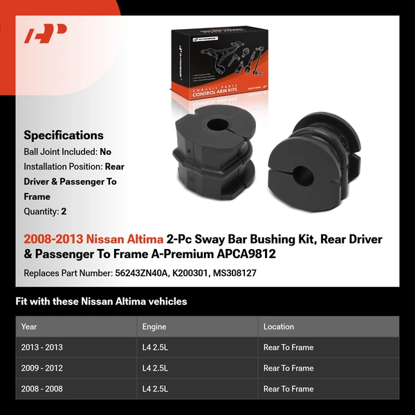 2008-2013 Nissan Altima 2-Pc Sway Bar Bushing Kit, Rear Driver & Passenger To Frame A-Premium APCA9812