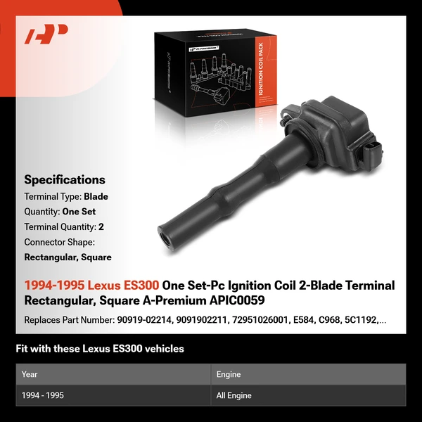 1994-1995 Lexus ES300 One Set-Pc Ignition Coil 2-Blade Terminal Rectangular, Square A-Premium APIC0059