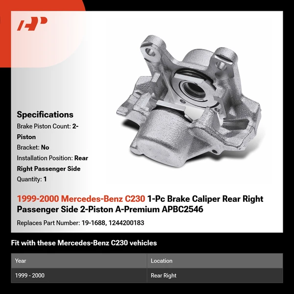 1999-2000 Mercedes-Benz C230 1-Pc Brake Caliper Rear Right Passenger Side 2-Piston A-Premium APBC2546