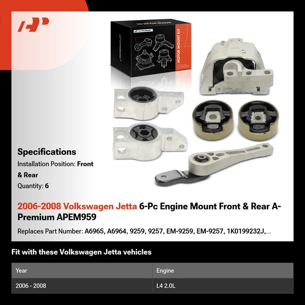 2006-2008 Volkswagen Jetta 6-Pc Engine Mount Front & Rear A-Premium APEM959
