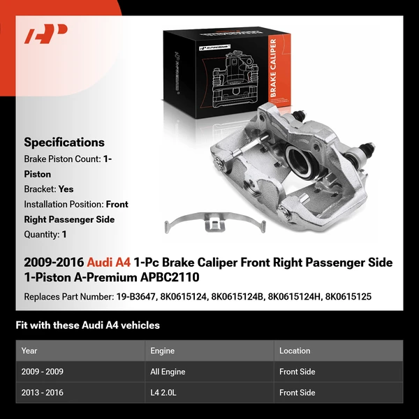 2009-2016 Audi A4 1-Pc Brake Caliper Front Right Passenger Side 1-Piston A-Premium APBC2110