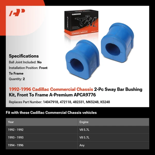 1992-1996 Cadillac Commercial Chassis 2-Pc Sway Bar Bushing Kit, Front To Frame A-Premium APCA9776