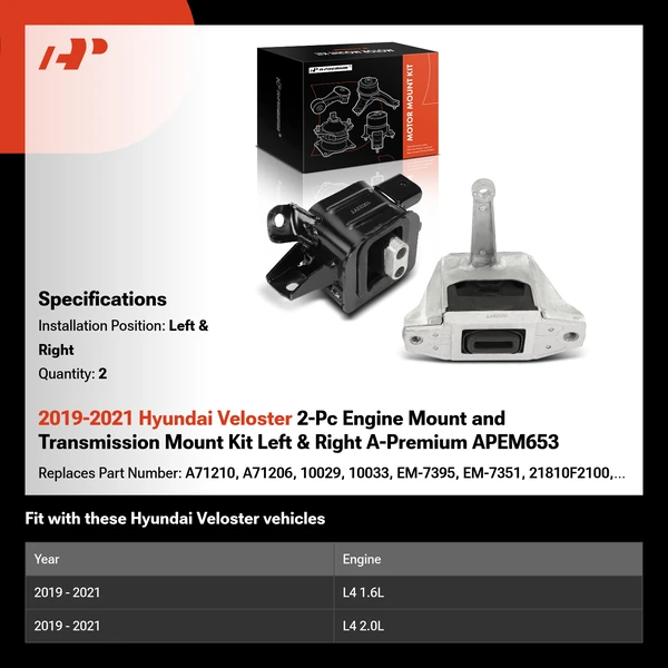 2019-2021 Hyundai Veloster 2-Pc Engine Mount and Transmission Mount Kit Left & Right A-Premium APEM653