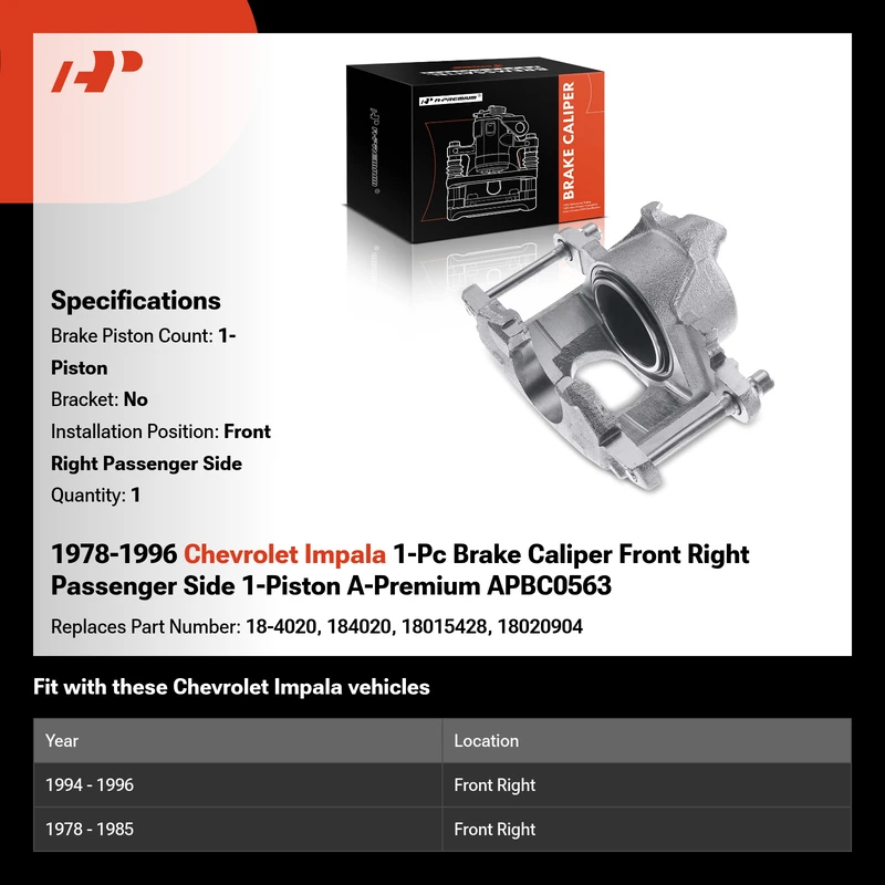 1978-1996 Chevrolet Impala 1-Pc Brake Caliper Front Right Passenger Side 1-Piston A-Premium APBC0563