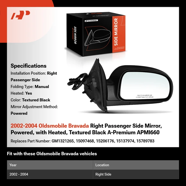 2002-2004 Oldsmobile Bravada Right Passenger Side Mirror, Powered, with Heated, Textured Black A-Premium APMI660
