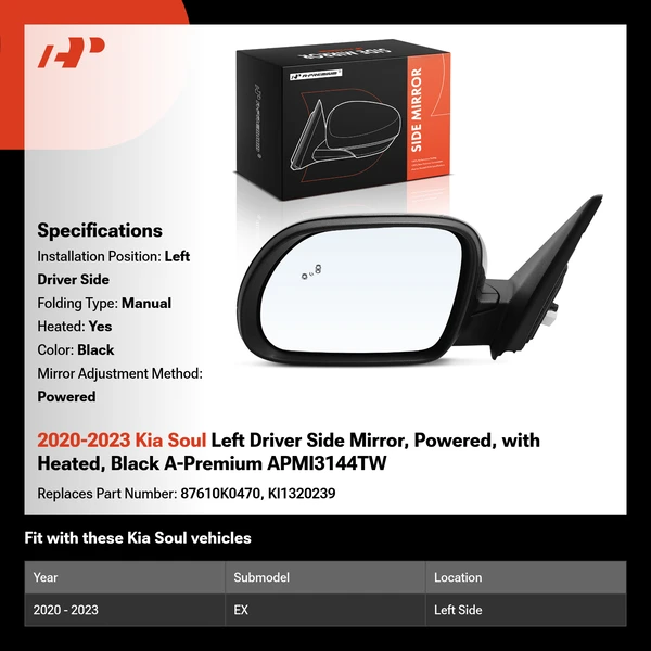 2020-2023 Kia Soul Left Driver Side Mirror, with Heating, Power Adjustment, Manual Folding, Black A-Premium APMI3144TW