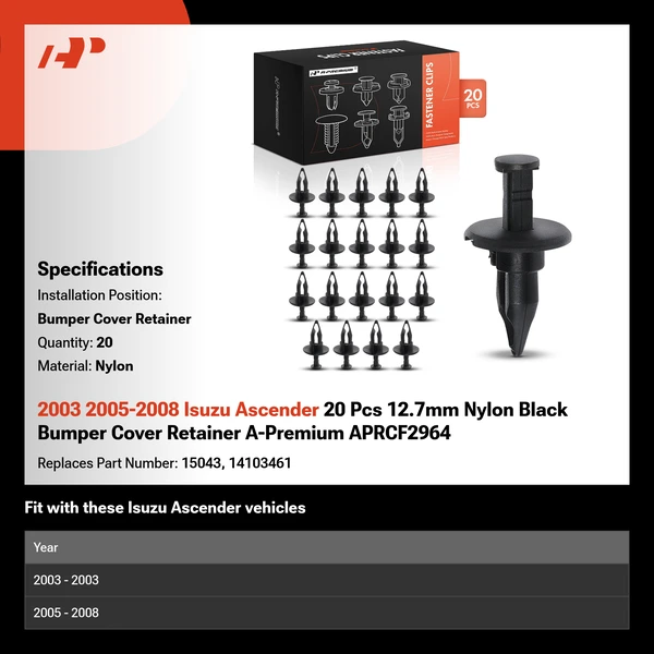 2003 2005-2008 Isuzu Ascender 20 Pcs 12.7mm Nylon Black Bumper Cover Retainer A-Premium APRCF2964