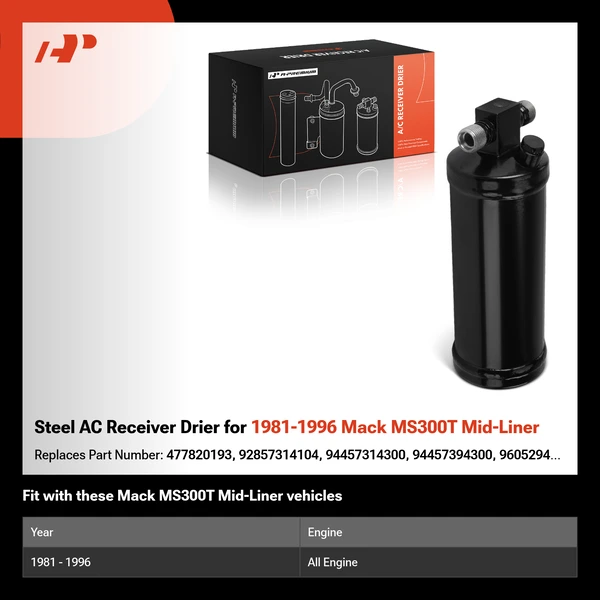 Steel AC Receiver Drier for 1981-1996 Mack MS300T Mid-Liner