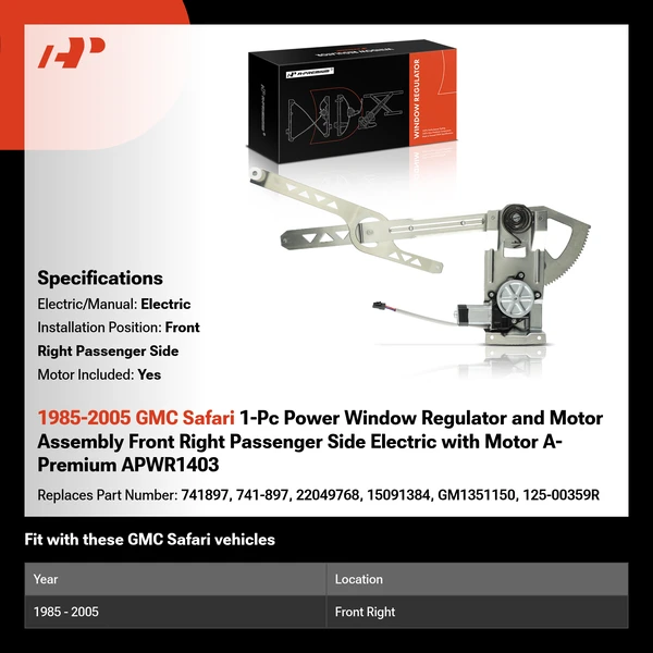 1985-2005 GMC Safari 1-Pc Power Window Regulator and Motor Assembly Front Right Passenger Side Electric with Motor A-Premium APWR1403