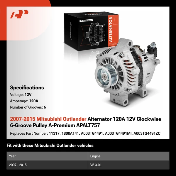 2007-2015 Mitsubishi Outlander Alternator 120A 12V Clockwise 6-Groove Pulley A-Premium APALT757