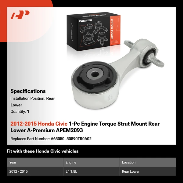 2012-2015 Honda Civic 1-Pc Engine Torque Strut Mount Rear Lower A-Premium APEM2093