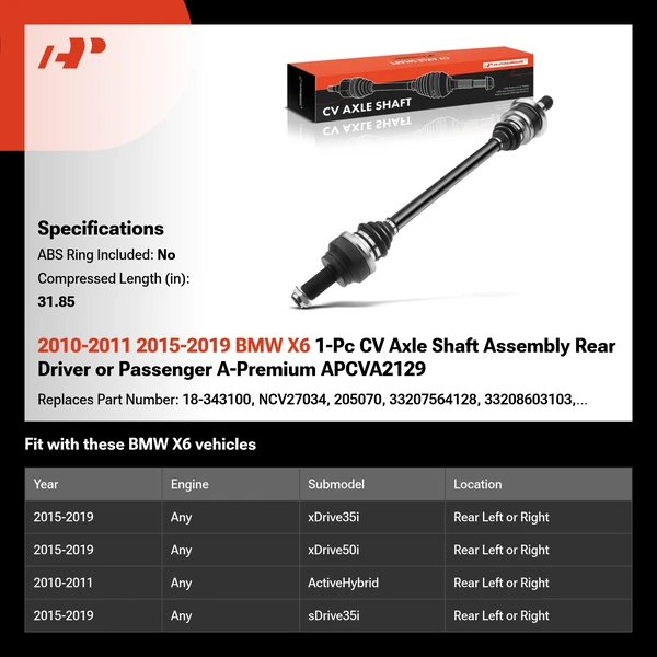 2010-2011 2015-2019 BMW X6 1-Pc CV Axle Shaft Assembly Rear Driver or Passenger A-Premium APCVA2129