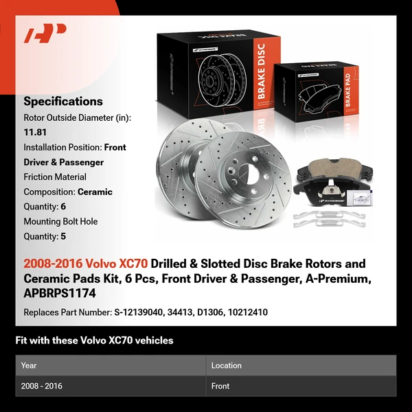 2008-2016 Volvo XC70 Drilled & Slotted Disc Brake Rotors and Ceramic Pads Kit, 6 Pcs, Front Driver & Passenger, A-Premium, APBRPS1174