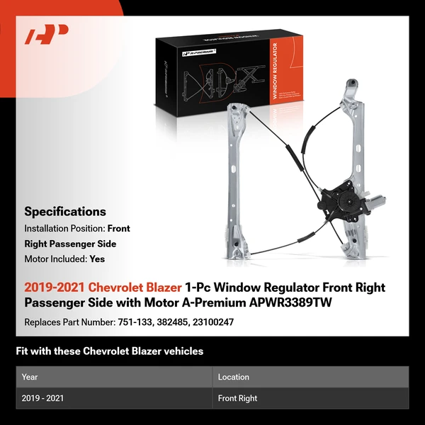 2019-2021 Chevrolet Blazer 1-Pc Window Regulator Front Right Passenger Side with Motor A-Premium APWR3389TW