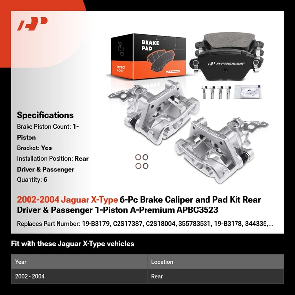 2002-2004 Jaguar X-Type 6-Pc Brake Caliper and Pad Kit Rear Driver & Passenger 1-Piston A-Premium APBC3523