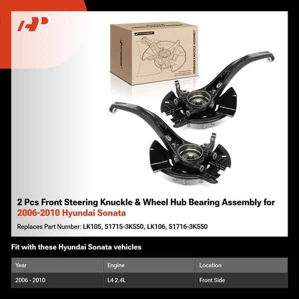 2 Pcs Front Steering Knuckle & Wheel Hub Bearing Assembly for 2006-2010 Hyundai Sonata