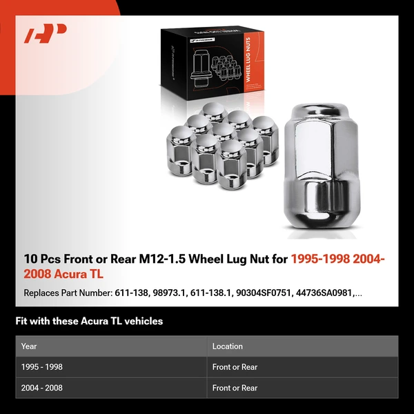 10 Pcs Front or Rear M12-1.5 Wheel Lug Nut for 1995-1998 2004-2008 Acura TL