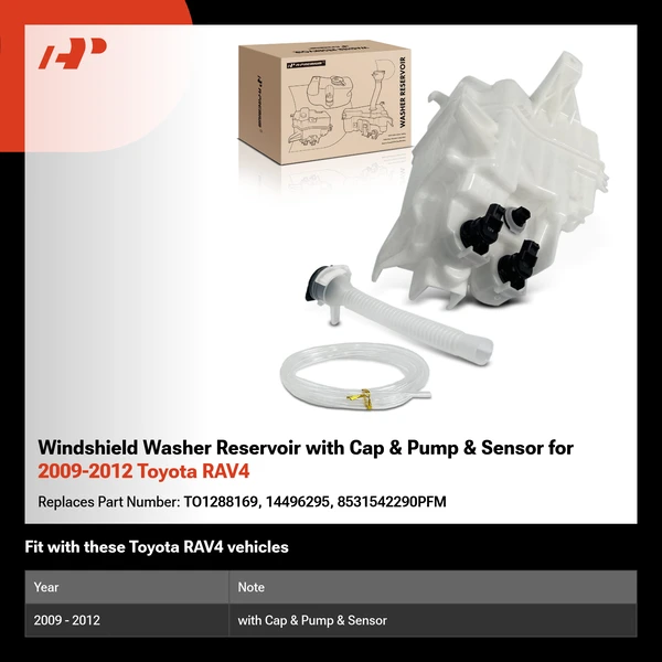 Windshield Washer Reservoir with Cap & Pump & Sensor for 2009-2012 Toyota RAV4