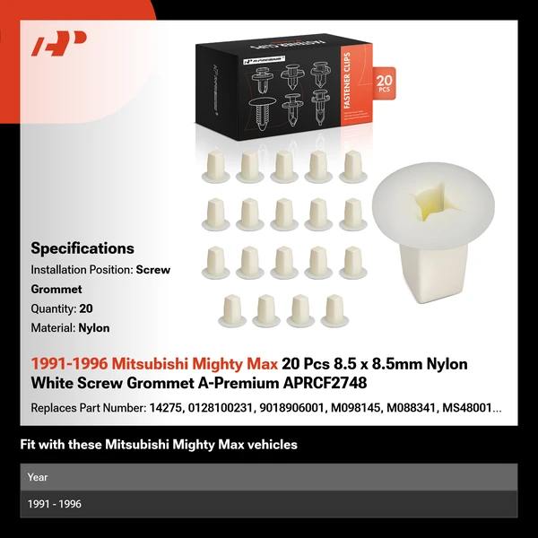 1991-1996 Mitsubishi Mighty Max 20 Pcs 8.5 x 8.5mm Nylon White Screw Grommet A-Premium APRCF2748