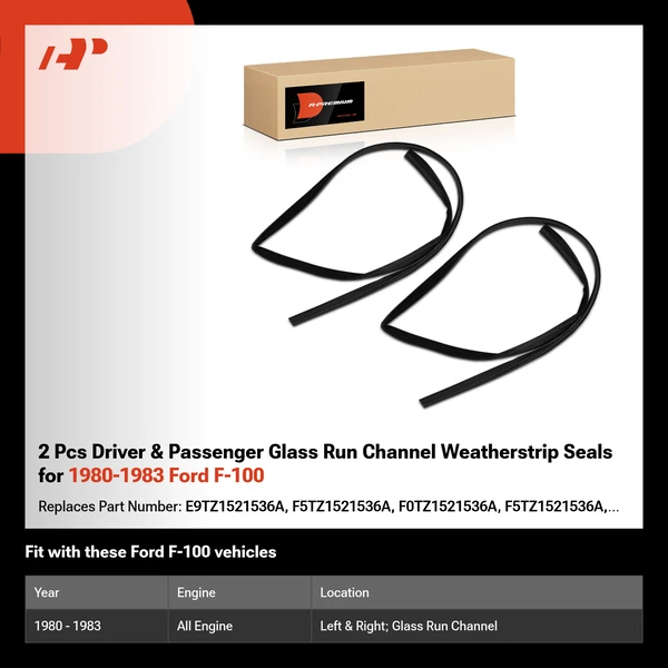 2 Pcs Driver & Passenger Glass Run Channel Weatherstrip Seals for 1980-1983 Ford F-100