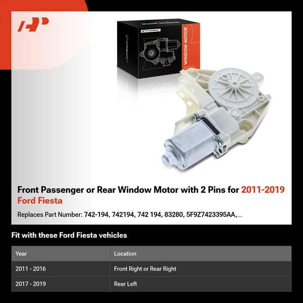 Front Passenger or Rear Window Motor with 2 Pins for 2011-2019 Ford Fiesta