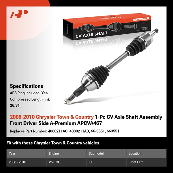 2008-2010 Chrysler Town & Country 1-Pc CV Axle Shaft Assembly Front Driver Side A-Premium APCVA467