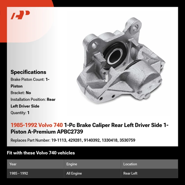1985-1992 Volvo 740 1-Pc Brake Caliper Rear Left Driver Side 1-Piston A-Premium APBC2739