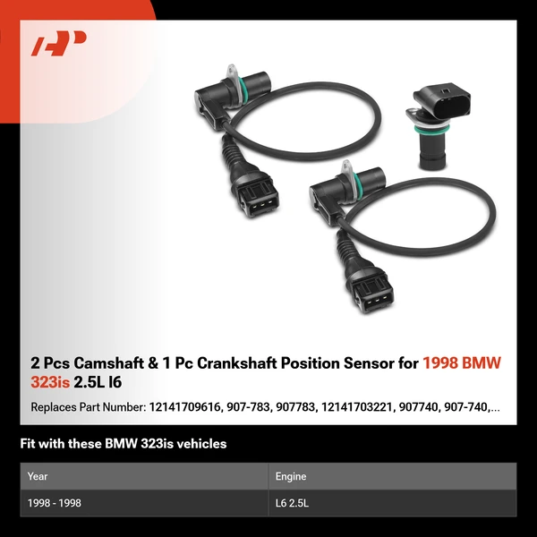 2 Pcs Camshaft & 1 Pc Crankshaft Position Sensor for 1998 BMW 323is 2.5L l6