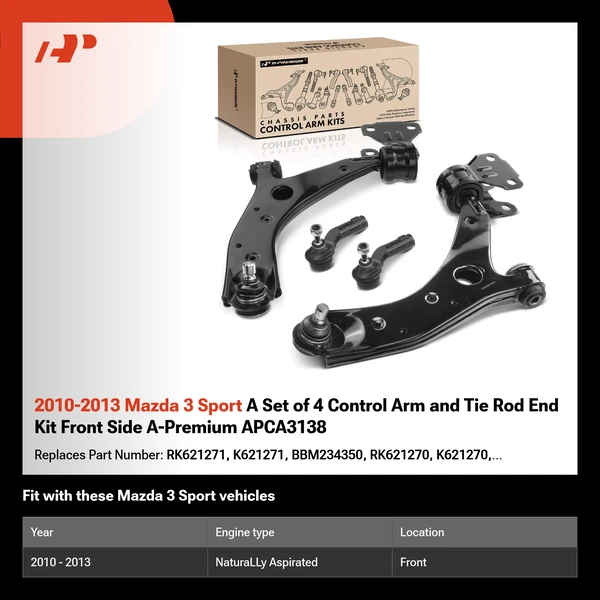 2010-2013 Mazda 3 Sport A Set of 4 Control Arm and Tie Rod End Kit Front Side A-Premium APCA3138
