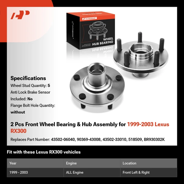 2 Pcs Front Wheel Bearing & Hub Assembly for 1999-2003 Lexus RX300