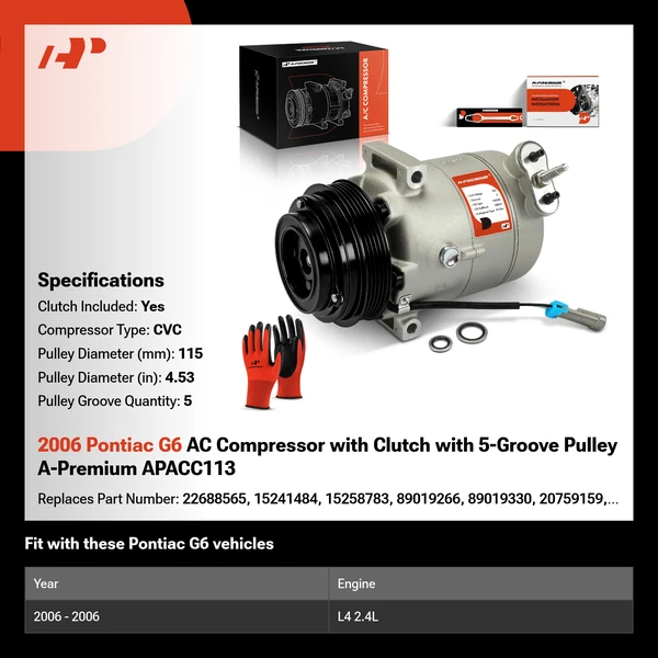 2006 Pontiac G6 AC Compressor with Clutch with 5-Groove Pulley A-Premium APACC113