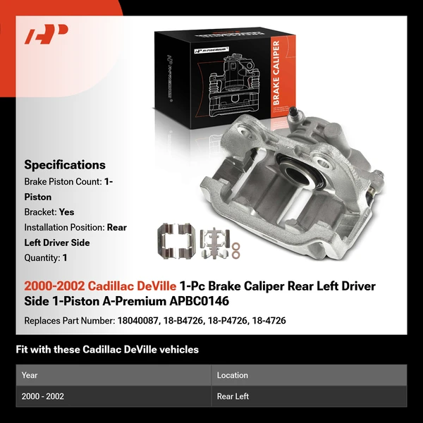 2000-2002 Cadillac DeVille 1-Pc Brake Caliper Rear Left Driver Side 1-Piston A-Premium APBC0146