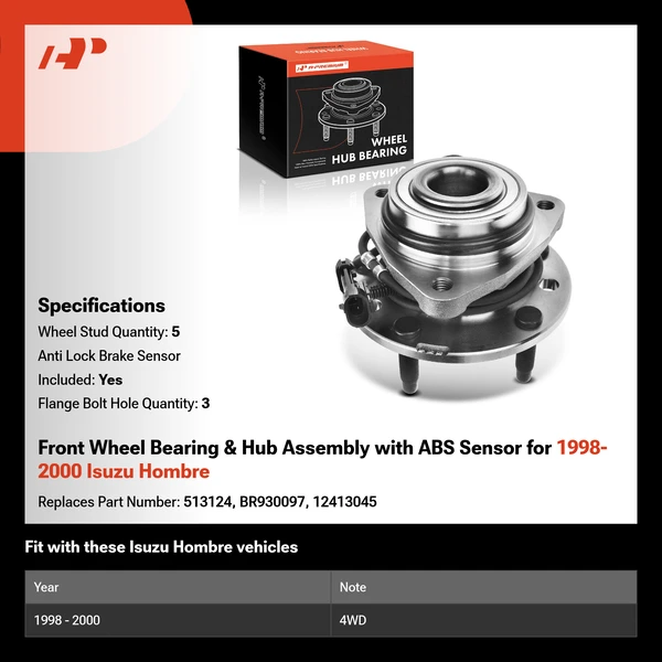 Front Wheel Bearing & Hub Assembly with ABS Sensor for 1998-2000 Isuzu Hombre