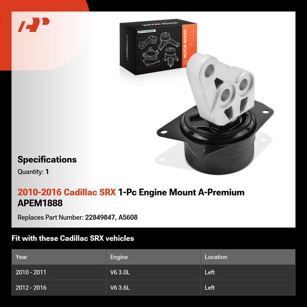 2010-2016 Cadillac SRX 1-Pc Engine Mount A-Premium APEM1888