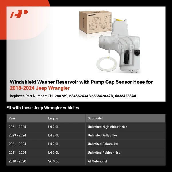 Windshield Washer Reservoir with Pump Cap Sensor Hose for 2018-2024 Jeep Wrangler