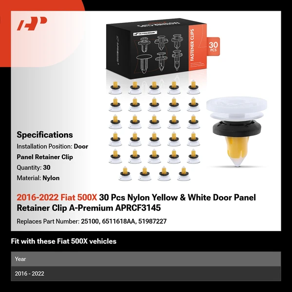 2016-2022 Fiat 500X 30 Pcs Nylon Yellow & White Door Panel Retainer Clip A-Premium APRCF3145