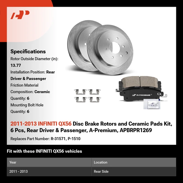 2011-2013 INFINITI QX56 Disc Brake Rotors and Ceramic Pads Kit, 6 Pcs, Rear Driver & Passenger, A-Premium, APBRPR1269