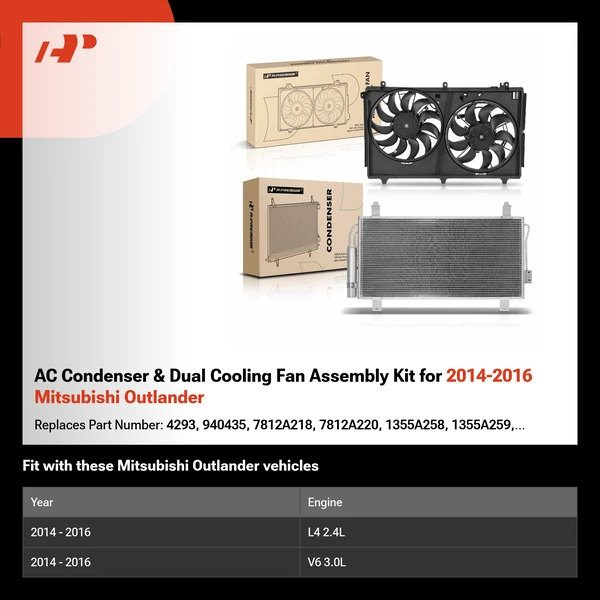 AC Condenser & Dual Cooling Fan Assembly Kit for 2014-2016 Mitsubishi Outlander