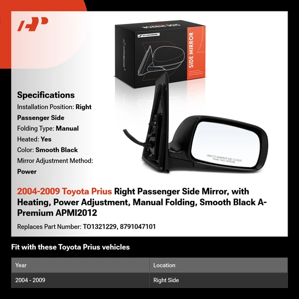 2004-2009 Toyota Prius Right Passenger Side Mirror, with Heating, Power Adjustment, Manual Folding, Smooth Black A-Premium APMI2012