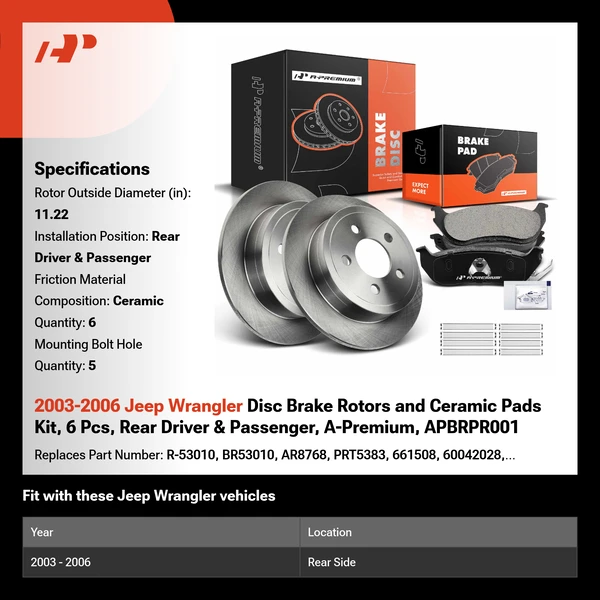 2003-2006 Jeep Wrangler Disc Brake Rotors and Ceramic Pads Kit, 6 Pcs, Rear Driver & Passenger, A-Premium, APBRPR001