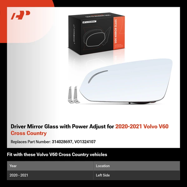 Driver Mirror Glass with Power Adjust for 2020-2021 Volvo V60 Cross Country