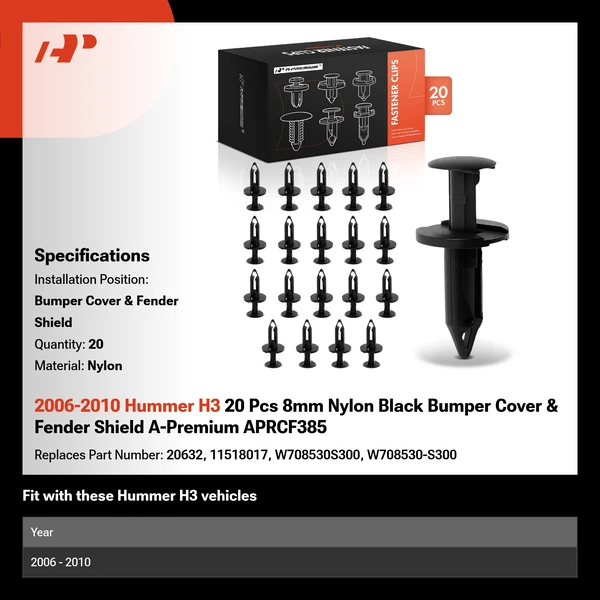 2006-2010 Hummer H3 20 Pcs 8mm Nylon Black Bumper Cover & Fender Shield A-Premium APRCF385