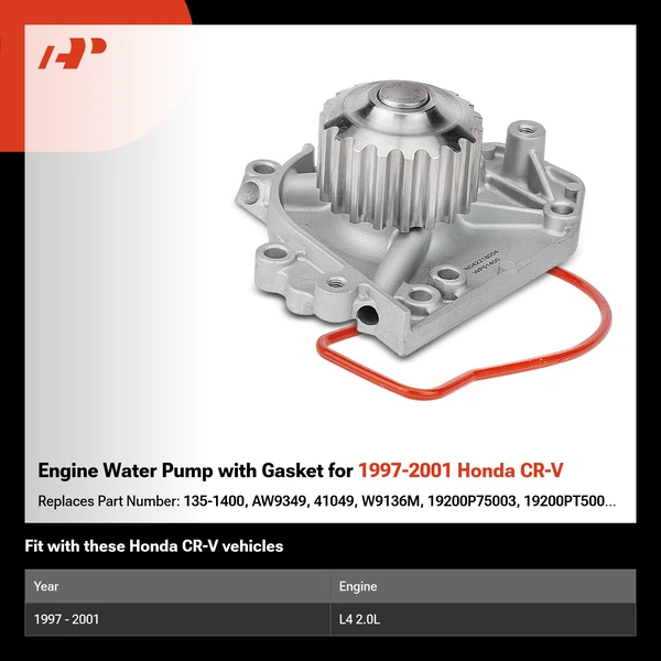 Engine Water Pump with Gasket for 1997-2001 Honda CR-V