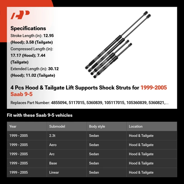 4 Pcs Hood & Tailgate Lift Supports Shock Struts for 1999-2005 Saab 9-5